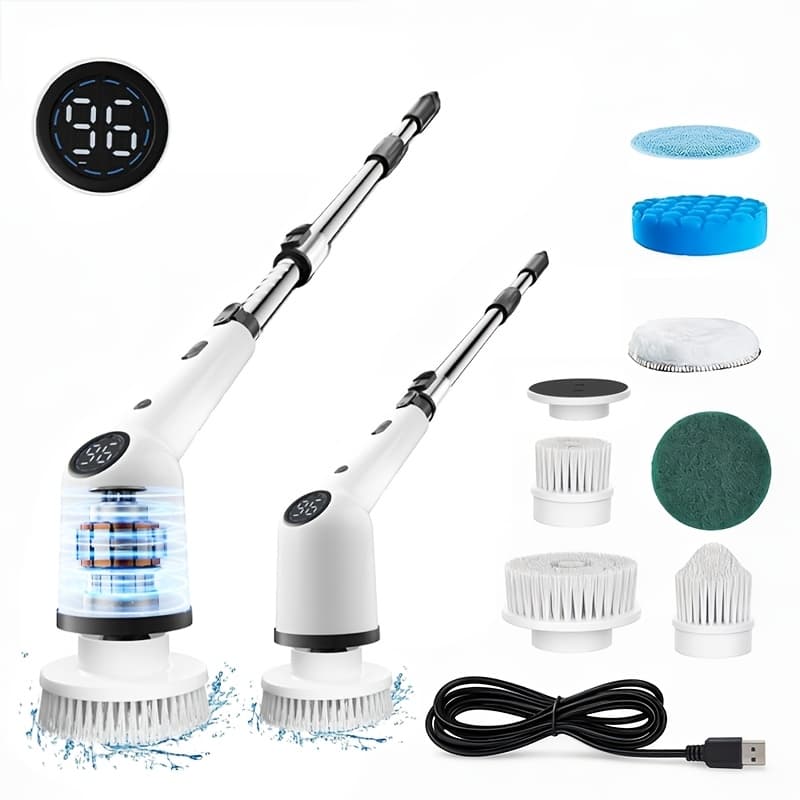 TEMU 2025 Spin Scrubber, Powerful Brush For Bathroom, Bathtub, Shower, Floors, And Cars, Usb Rechargeable, Dual-speed Detachable Telescopic Handle, Comes With 8 Replaceable Brush Heads And 1 Brush