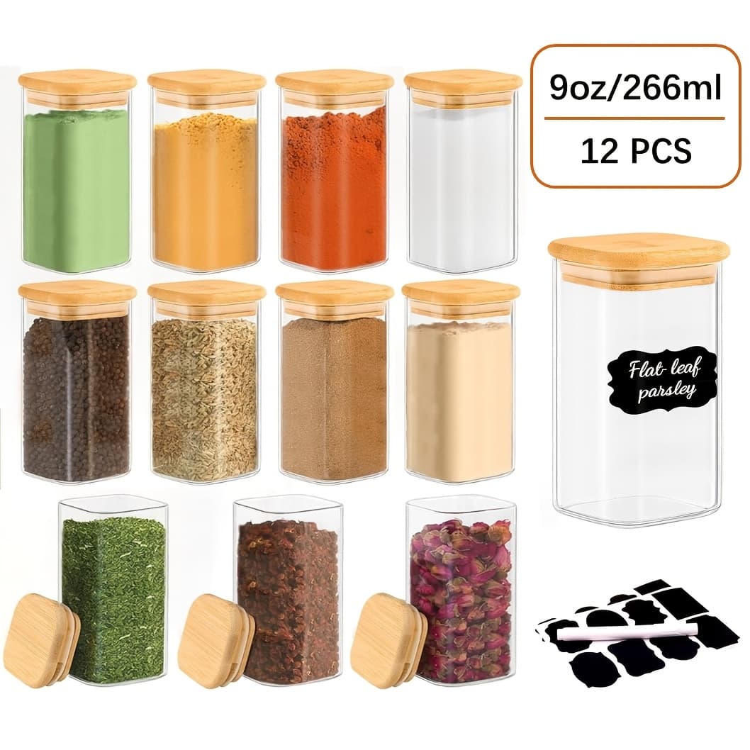 TEMU 12pcs Spice Glass Jars Set With Labels, 5oz/7oz/9oz Square Spice Jars With Bamboo Lids, Sticker Labels, Food Storage Container Canistes