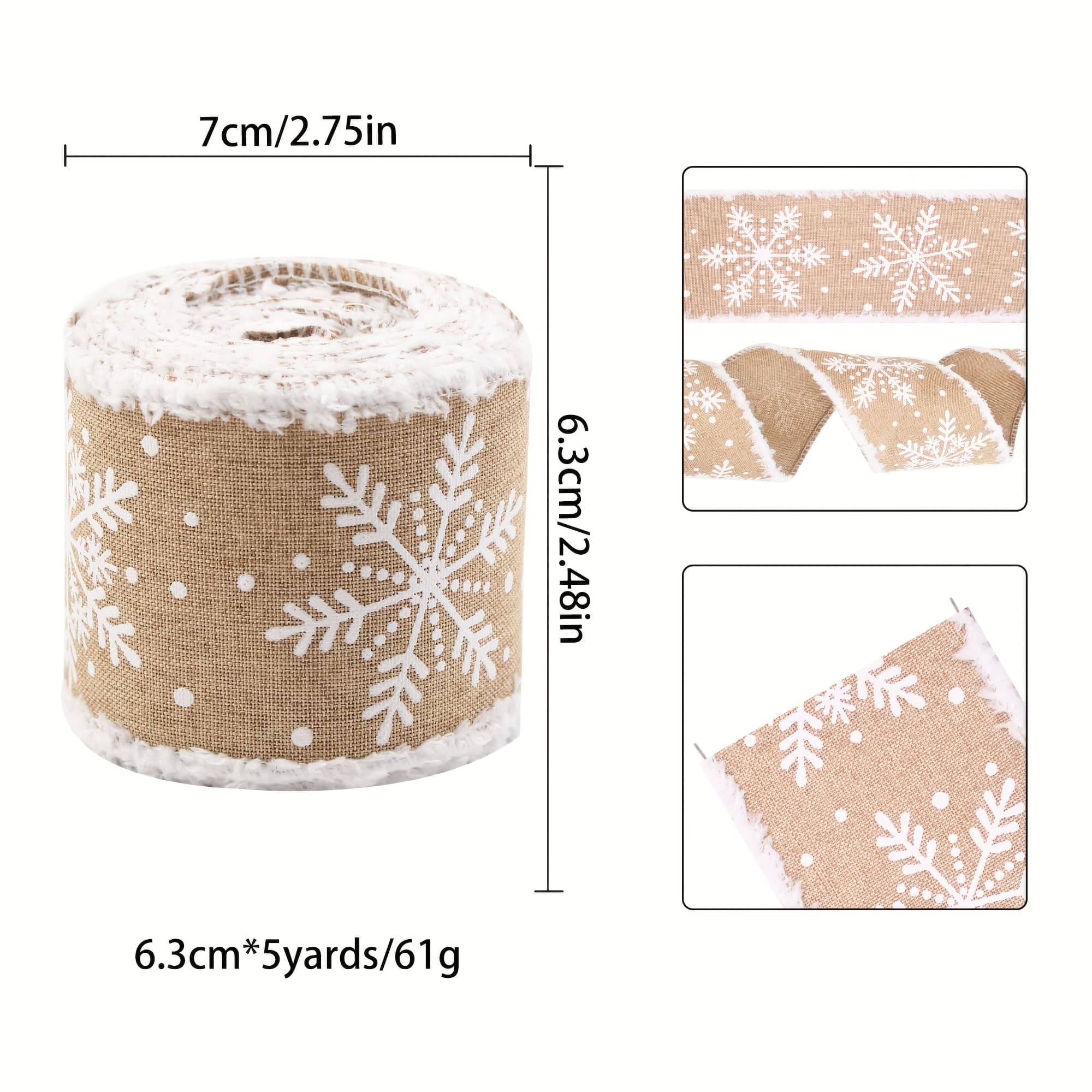 TEMU 6.3cm Snowflake Printed Faux Linen Ribbon For New Year Party Gift Wrapping And Floral Decoration, 5m Long