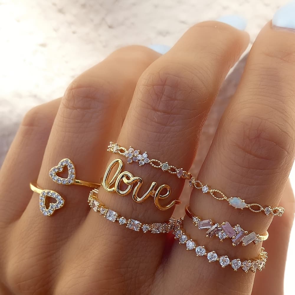 TEMU 7pcs/set Ring Set Synthetic Zirconia Jewelry Party Vintage Additions Fashion Gift