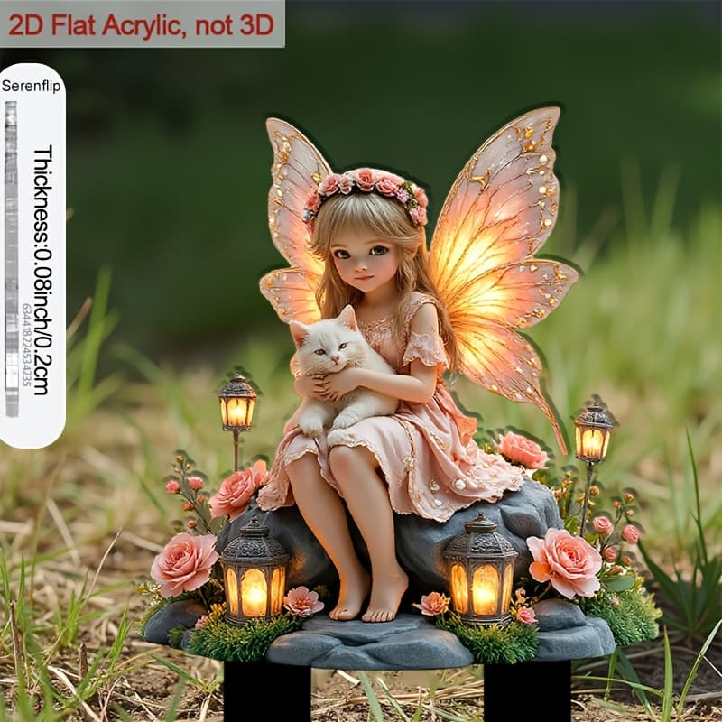 TEMU 2d Flat, [2d Flat] 1pc 2d Flat Acrylic 9.06in Soil Insert With For Courtyards Fairy With Cat Near A House Adds Flair To Outdoor Courtyards Decorations, Perfect For Flower Pot Ornaments, 2d Flat