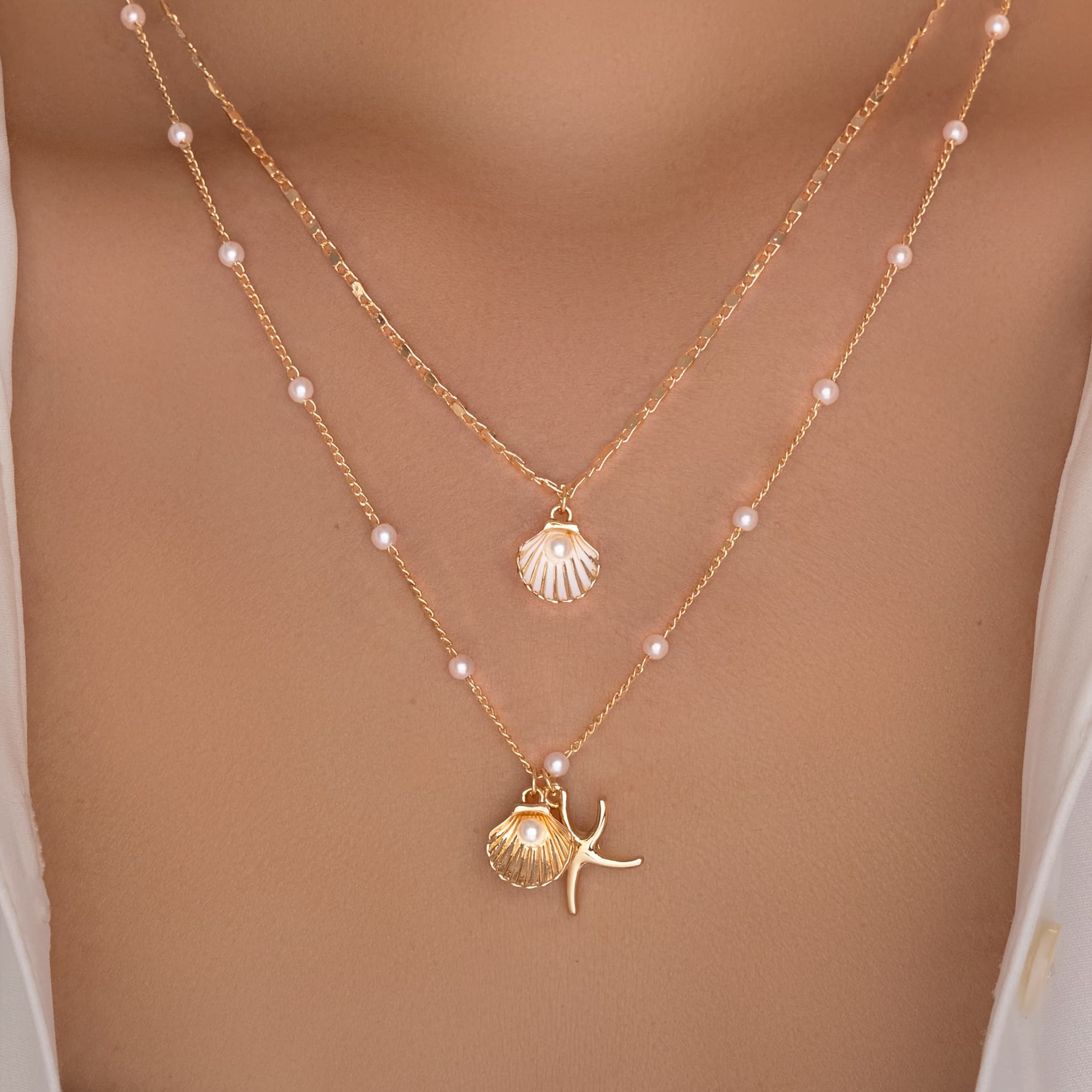TEMU Set Of 2 Alloy Pendant Necklaces With Pearl , Designed For Stacking. Easy, Sexy, And Elegant, Featuring Shell And Starfish-inspired Pearl Pendants