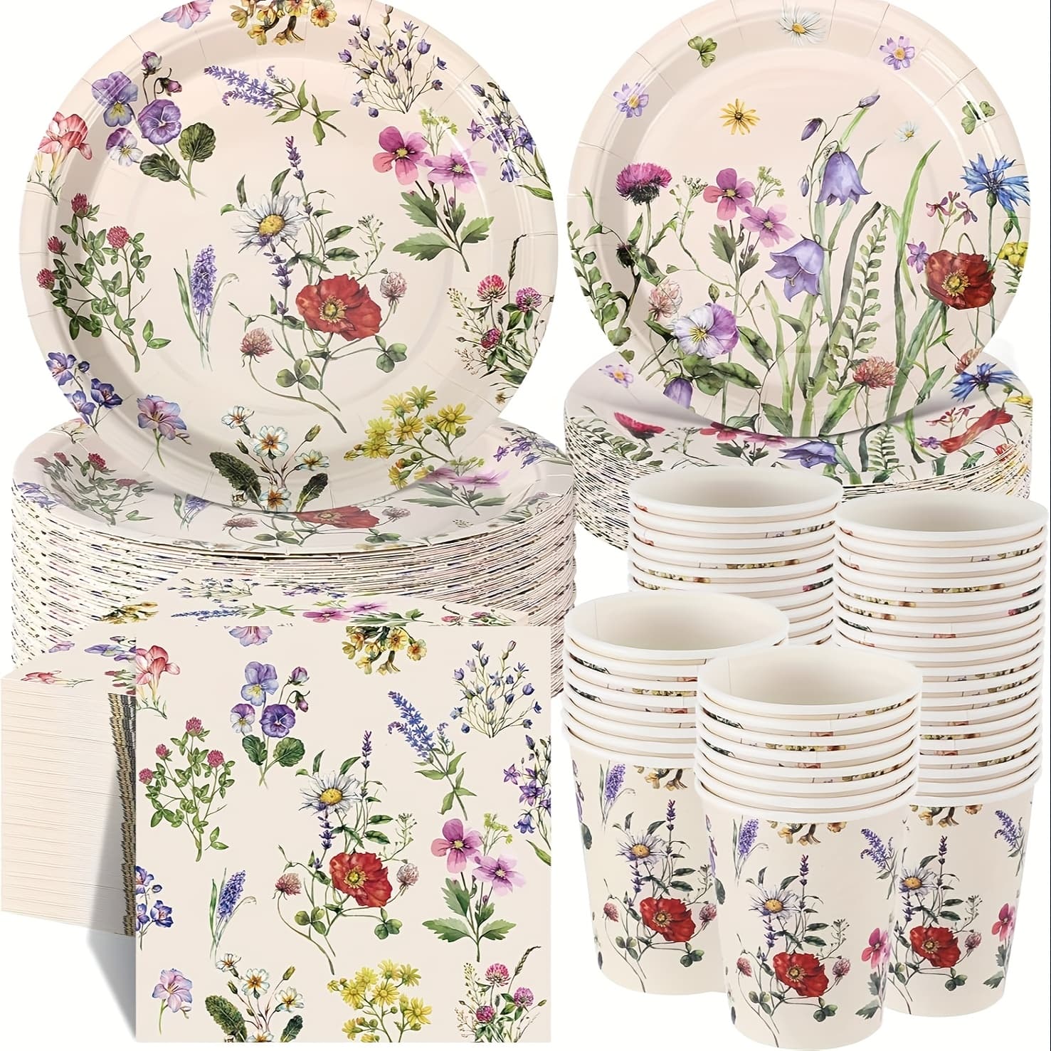 TEMU A Set Of 250pcs Of Floral-themed Disposable Tableware, Including Paper Cups, Plates, And Napkins, Designed For A Baby Shower Celebration For 50 Guests, Featuring A Multicolor Rustic Style