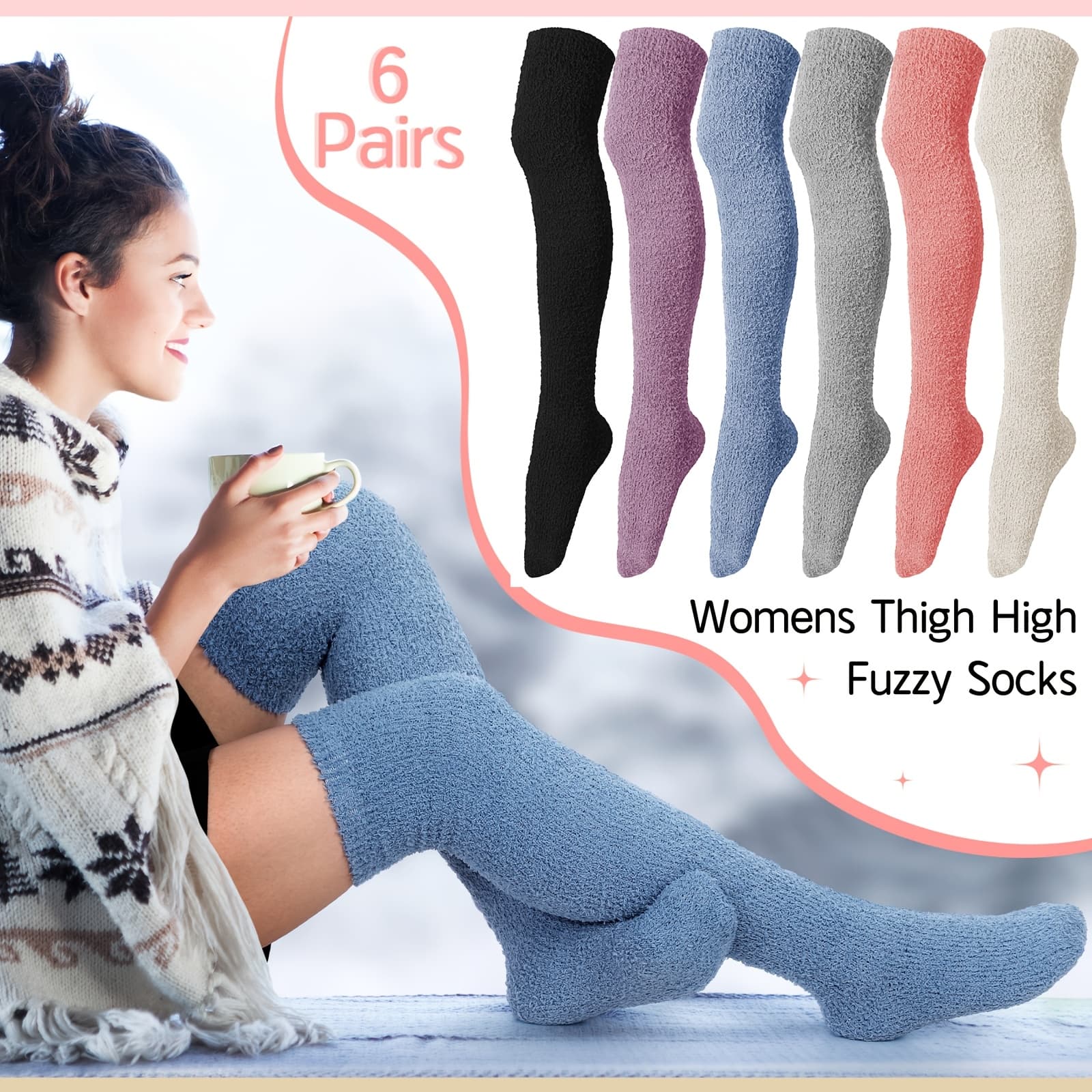 TEMU 6 Pairs Women's Knee & Thigh High Fuzzy Socks - Soft Warm Plush Stockings With Cozy Slipper Sock For Winter, Multicolored (,,,,,) - Hand Washable For, Cold Weather & Layering