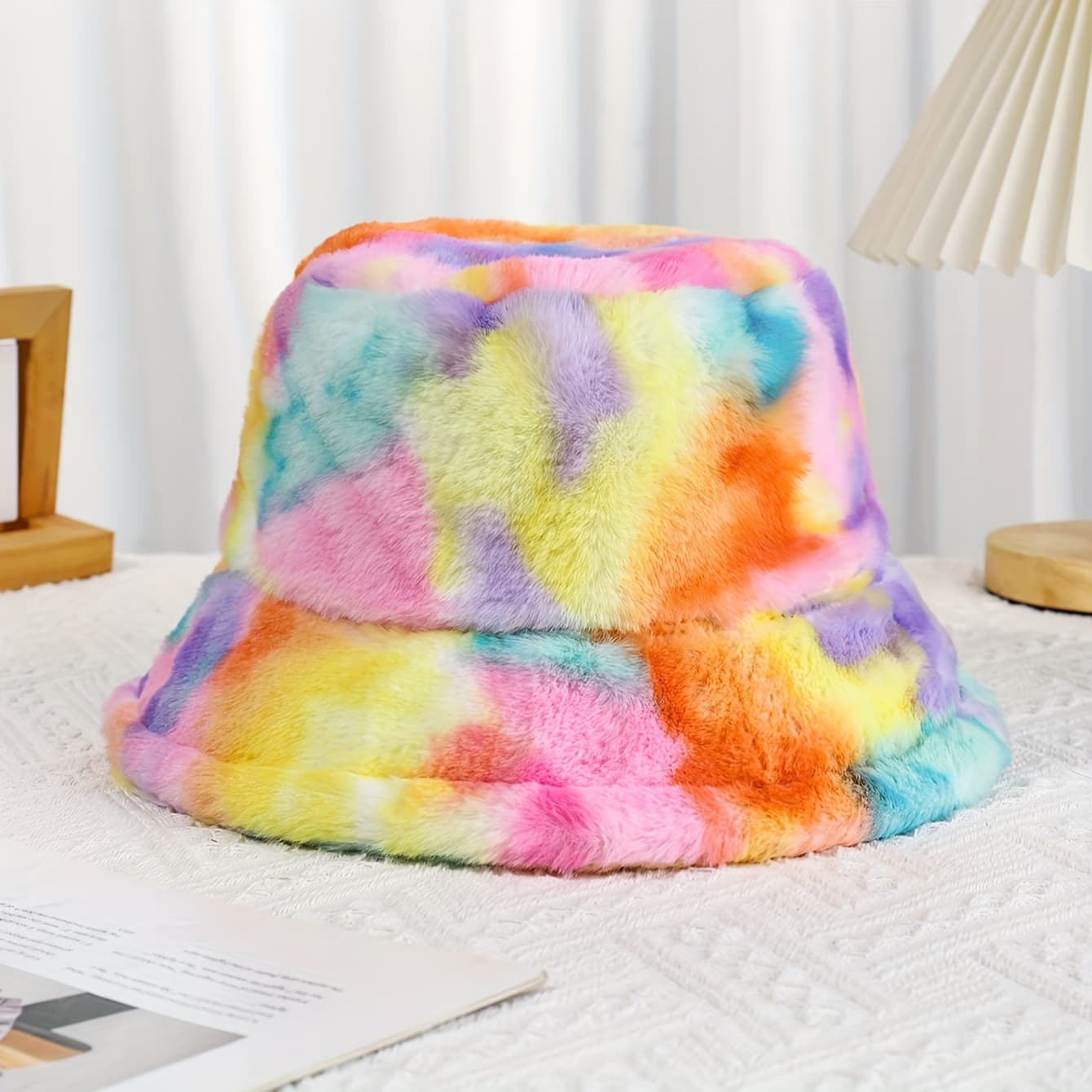 TEMU New Fashionable Individual Autumn Winter 800g Colored Tie-dye Rabbit Plush Fisherman Hat Women's Western Style Warm Outdoor Bucket Hat