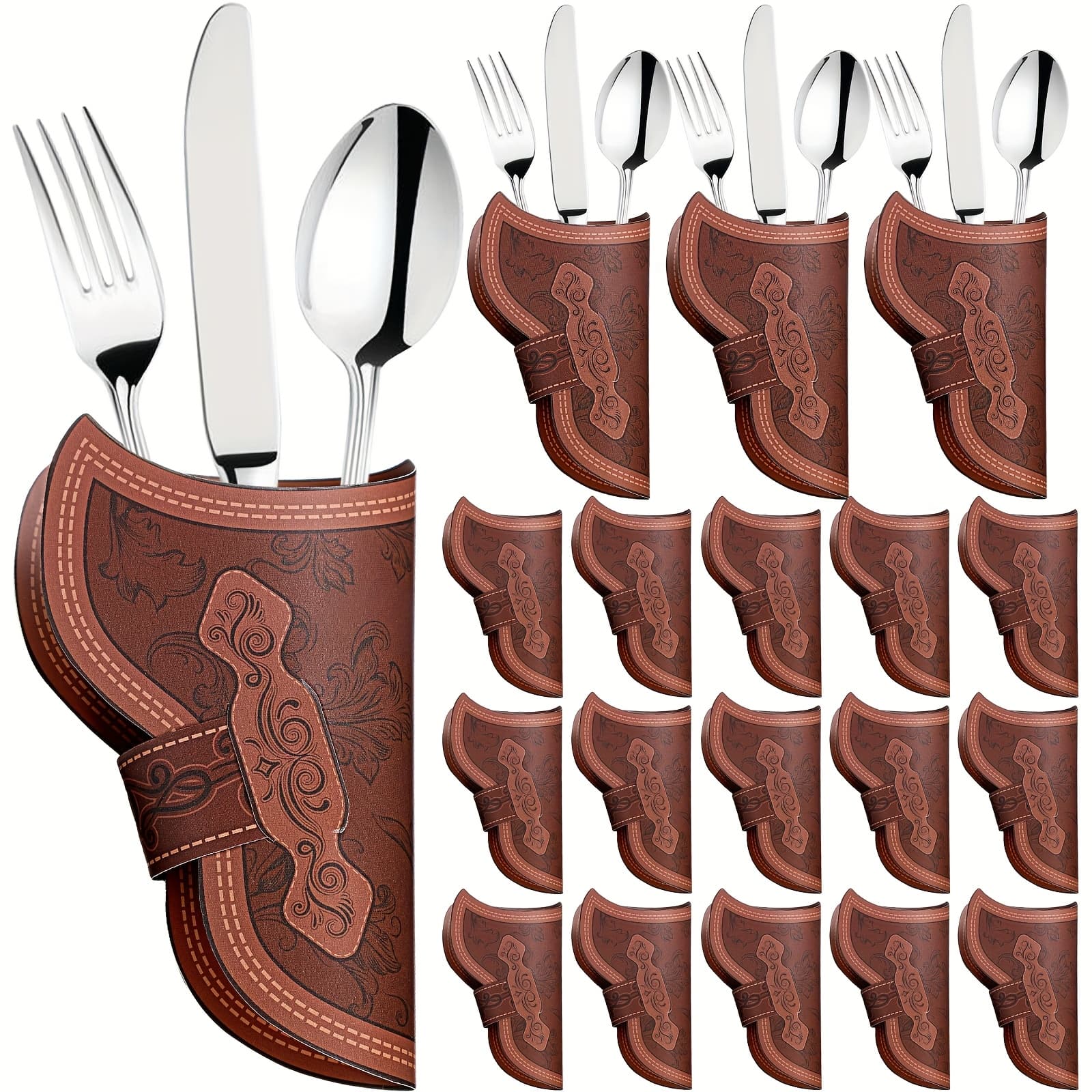 TEMU 36pcs Cowboy Holster Silverware Holders Cardstock Brown Cutlery Sleeve Knife And Fork Tableware Holder Pocket Vintage Utensil Holders Pouch Bags For Western Party Table Decorations