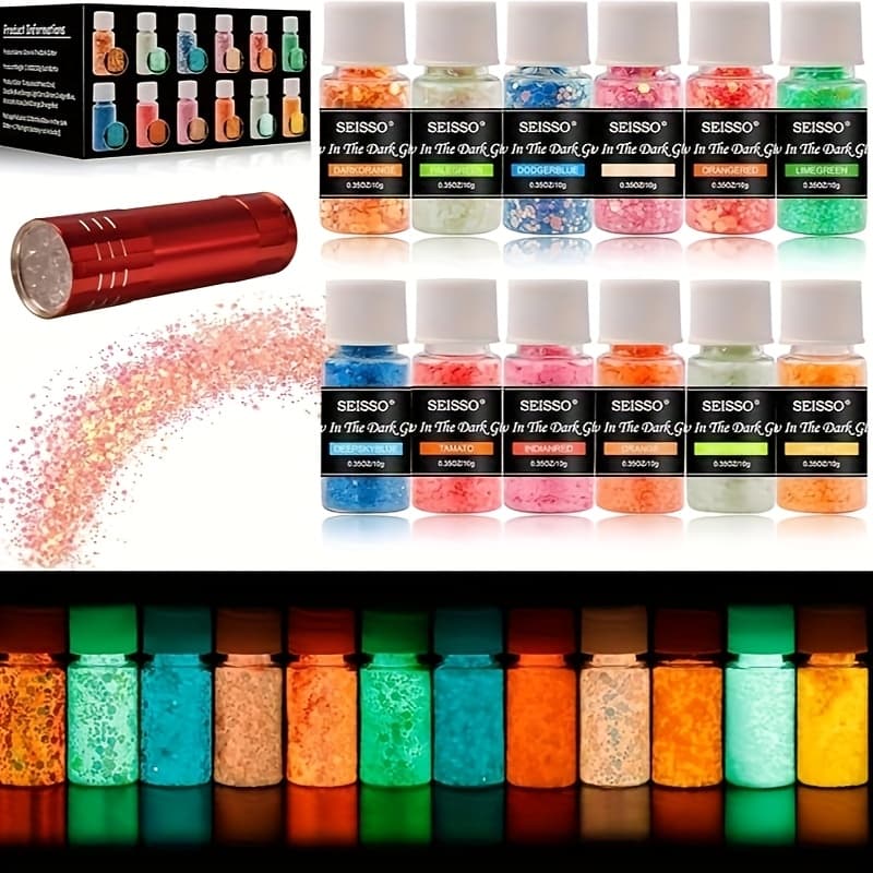 TEMU Glow In The Dark Glitter, 12 Colors Luminous Chunky Glitter Set With Uv Flashlight, Epoxy Glitter For Craft Resin, Arts Slime Nails Painting Tumbers, Cosmetic Grade Glitter For Make Up