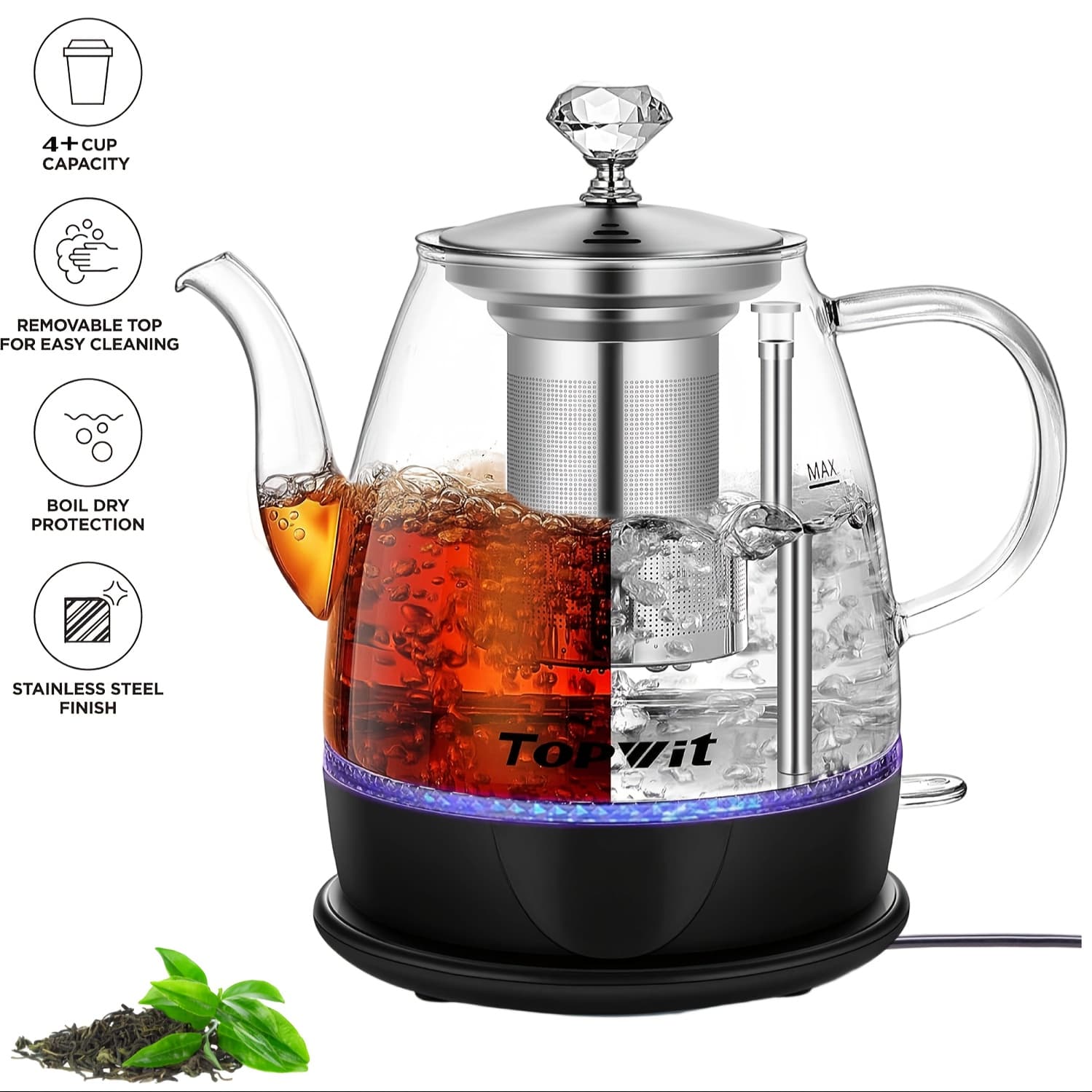TEMU Electric Kettle Glass, For Hot Water, Tea And Coffee Dual Purpose Design, Bpa-free, 1l Pour Over Removable Stainless Steel Infuser, Auto-shut Off & Boil-.