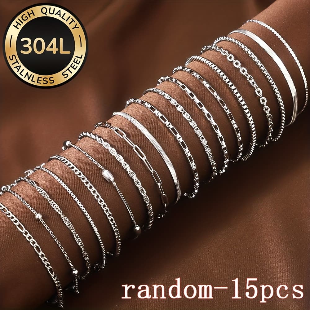 TEMU 15pcs [random] Fashionable Stainless Steel Bracelet For Women, Elegant And Luxurious Jewelry Set That Does Not Fade, Suitable For Daily And Party Wear. Birthday Gift
