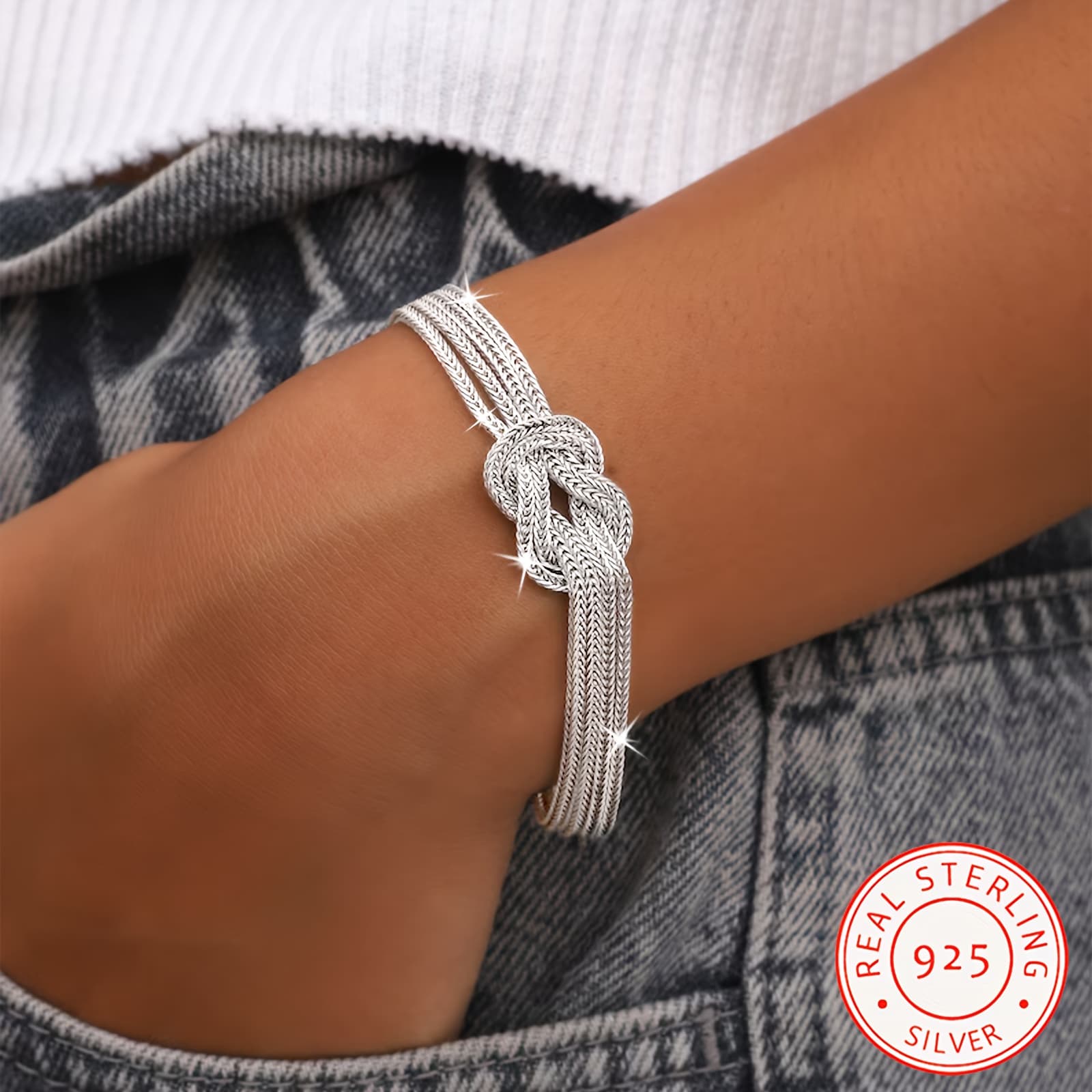 TEMU 1pc Boho Hip Hop Style 925 Sterling Silver Double Layer Chain Knot Bracelet For Women, Allergy-free, Durable Silvery Plating, Perfect For Daily Wear And , Ideal Christmas And Valentine's Gift