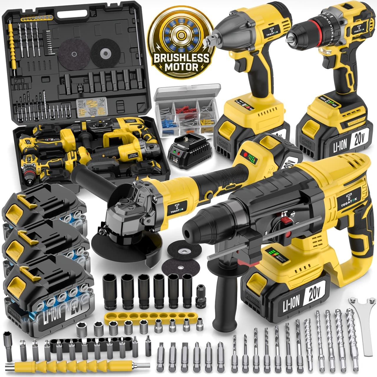 TEMU 20v Brushless Power Tool Kit For Home - 4 Cordless Tools With 3 Batteries, Impact Wrench & Hammer Drill, Angle Grinder, Electric Drill, Combo For Renovation