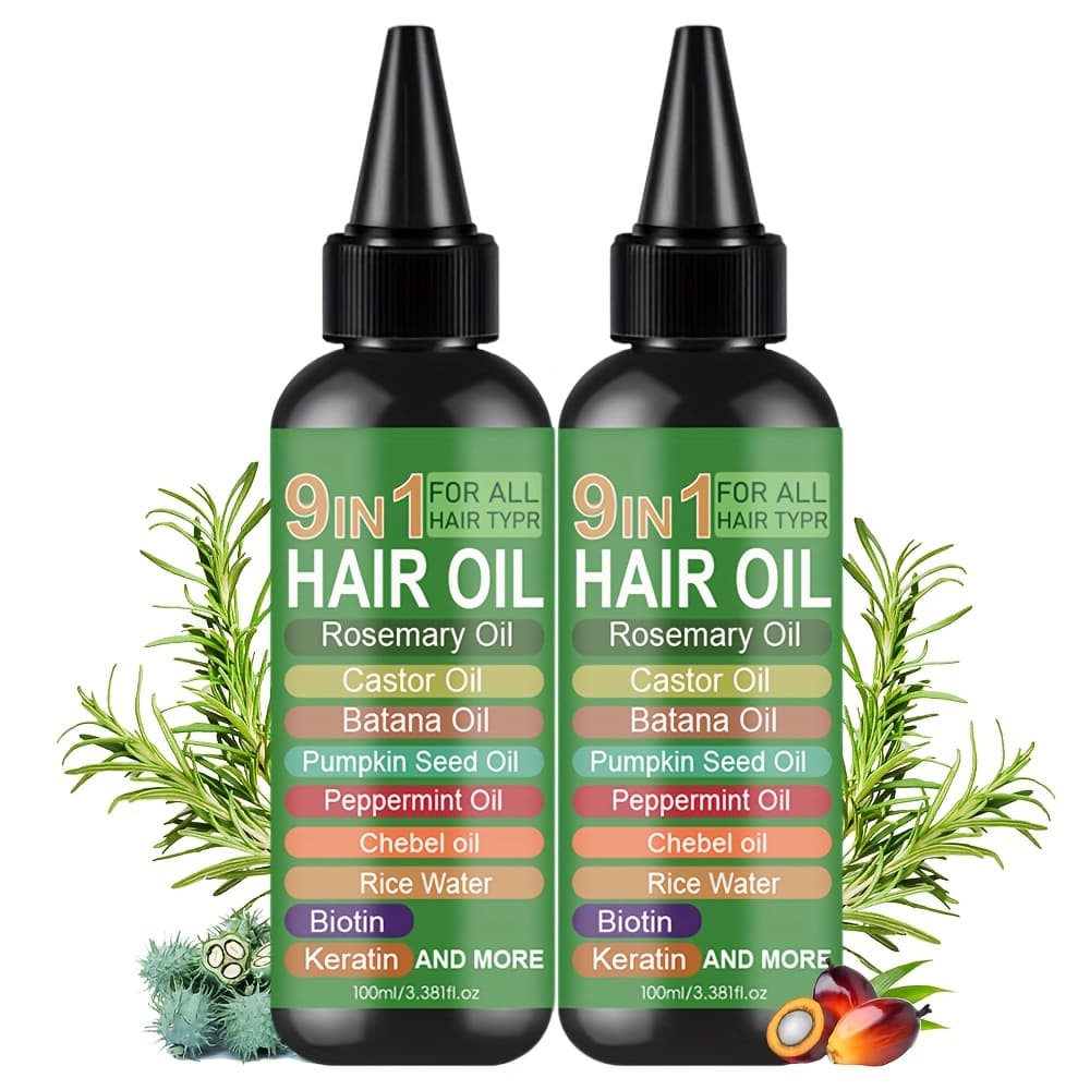 TEMU 2pcs 9-in-1 Hair Oil Contains Rice Water, Rosemary Oil, Castor Oil, Batana Oil, Pumpkin Seed Oil, Peppermint Oil, Oil, Biotin, And Keratin. It Moisturizes And Hair, Suitable For All Hair Types