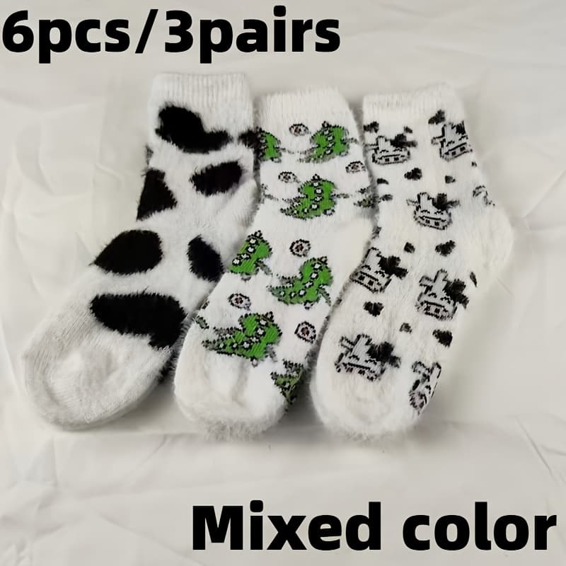 TEMU 6pcs/3pairs Autumn And Winter Milk Dot Fleece Socks, Cow, Spot, Dinosaur Autumn And Socks, Slipper Socks, Thickened And Warm, Cute Family Warm Socks