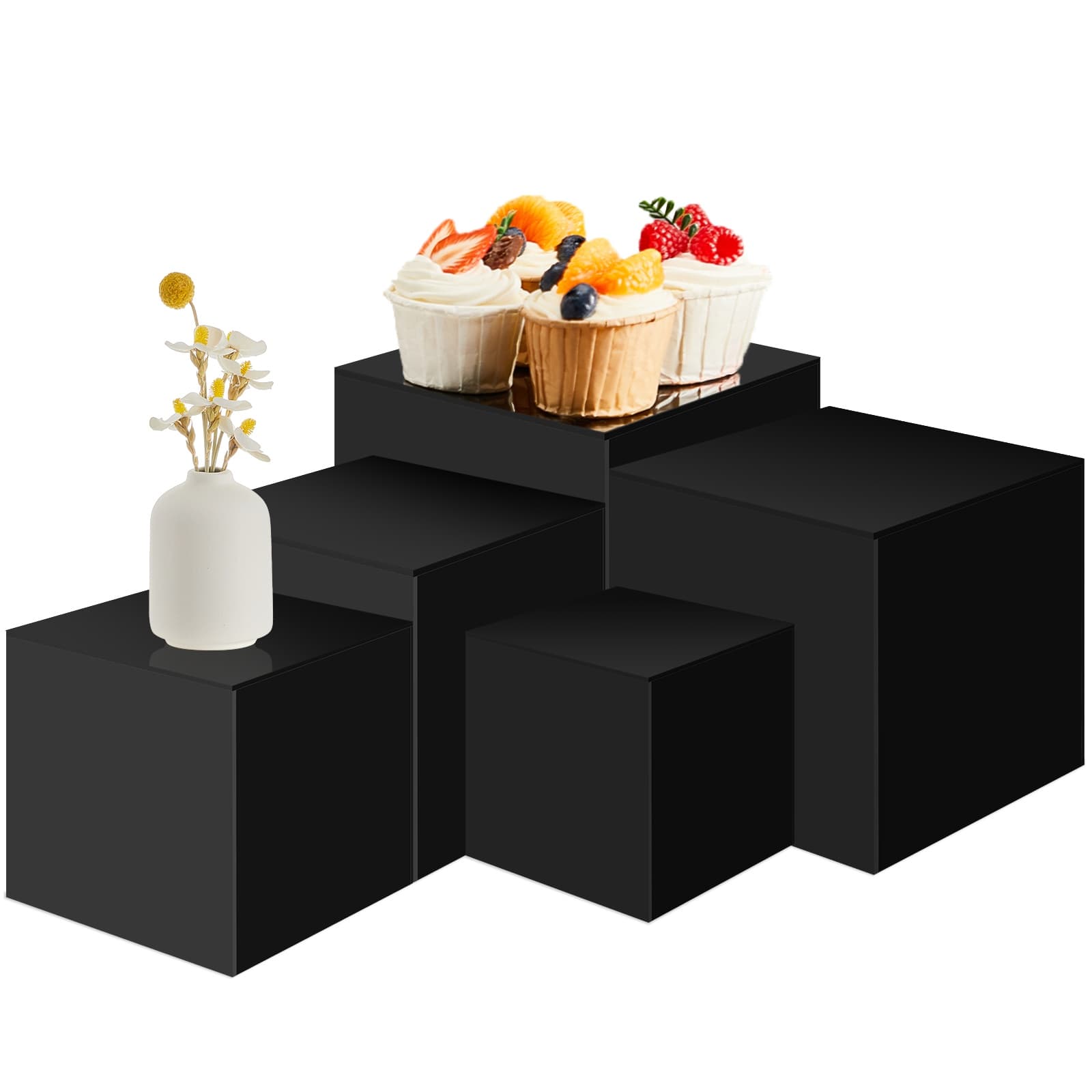 TEMU Set Of 5 Display Buffet Risers Acrylic Cube With Hollow Bottoms Acrylic Boxes For Display Dessert Table Stands For Catering Collectibles Jewelry Decor (black, 3, 4, 5, 6, 7 Inch)