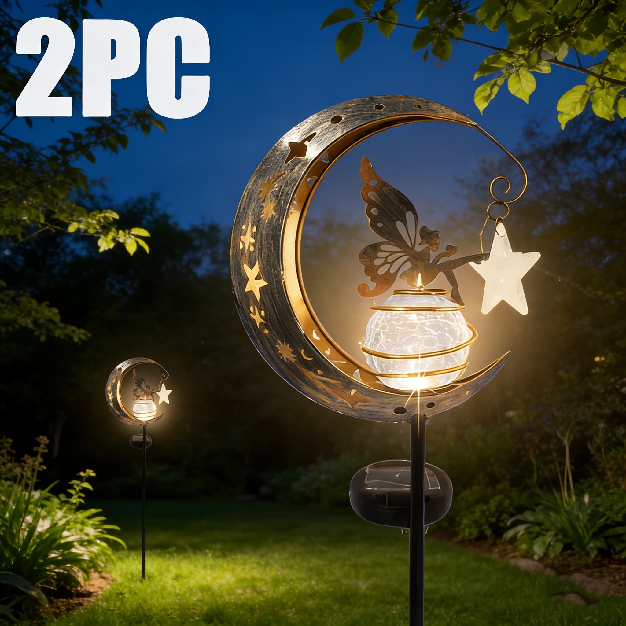 TEMU 2pcs Fairy Solar Pole Lights, Moon Backyard Decoration, Yard Art Decoration, Outdoor, Garden Gift Decoration, Outdoor Lawn Decoration, Cracked Glass, Earth Courtyard Landscape Channel