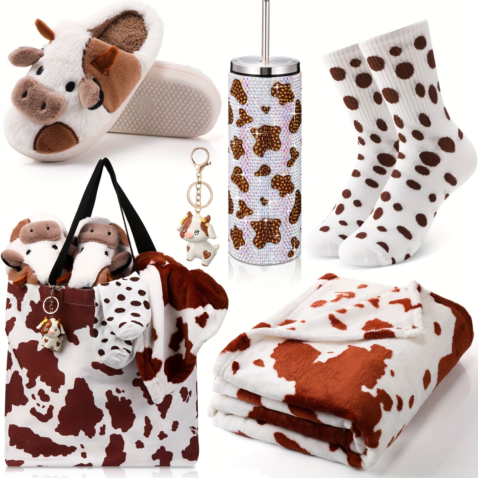 TEMU Gift For Her/him Set Of 6 Cow-themed Gifts For Women Featuring A Cow Print Tumbler, Blanket, Socks, Slippers, Tote Bag, And Keychain - Perfect For Birthdays, Farm Animal Enthusiasts, And
