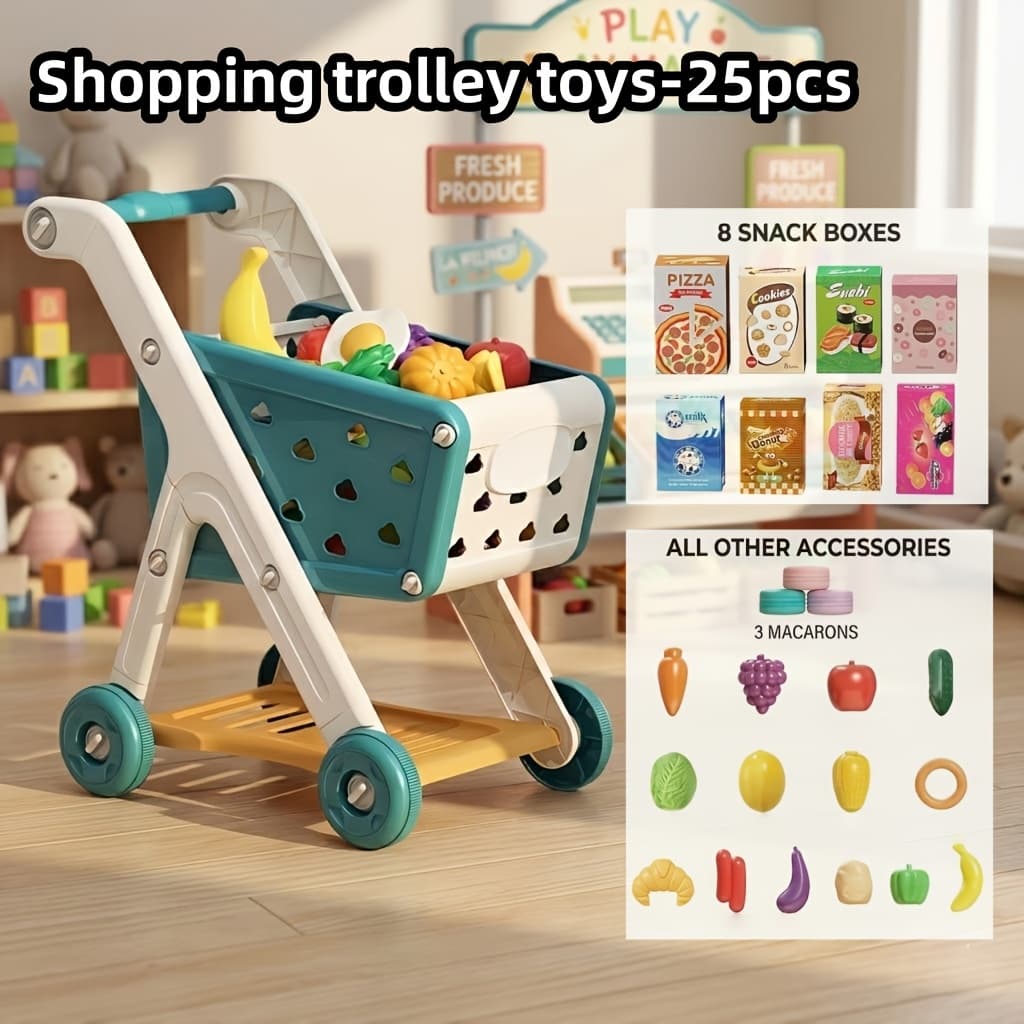 TEMU Deluxe Play Shopping Cart Set With Realistic Food - Perfect For Pretend Supermarket & Kitchen Play, Ideal Birthday, Christmas & New Year Gift, Red/blue