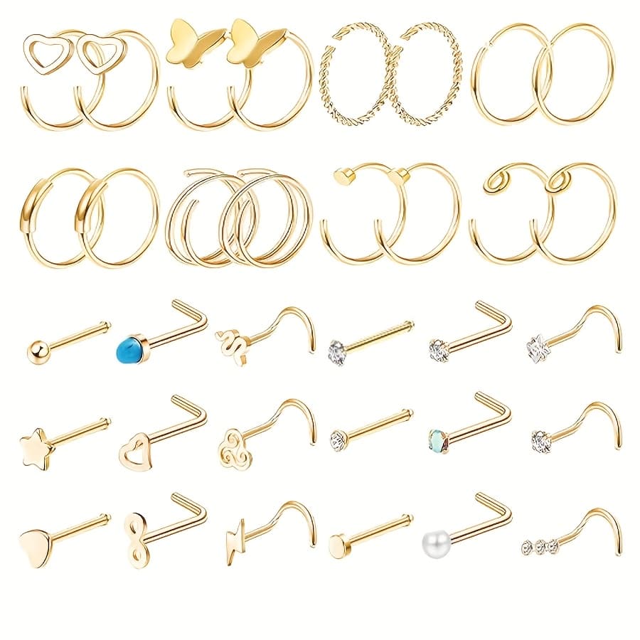 TEMU 34pcs 22g Nose Rings For Women Men Surgical Steel Nose Piercings Nose Rings Hoops L-shaped Nose Rings Stud Screw Hypoallergenic Body Piercings Jewelry