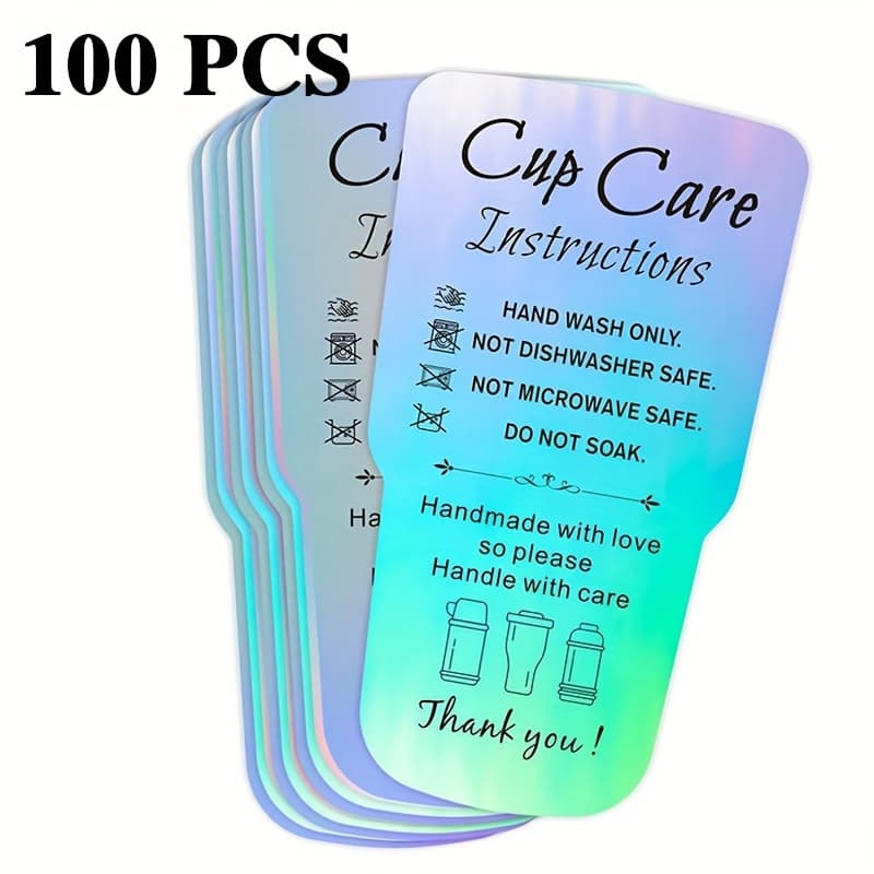 TEMU 50/100 Care Instructions Greeting Cards, Holographic Thank You Note Cards For Customers, 3.5x2 Inch, Space Themed, English, For Tumblers, Cups, Small
