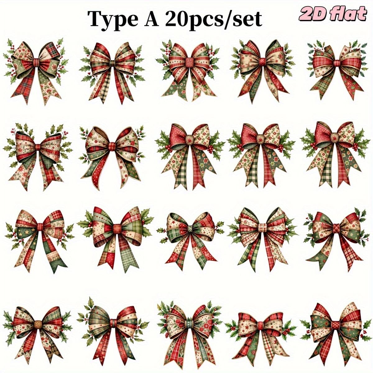 TEMU 20pcs/set Handmade Creative Christmas Splicing Bow Series 2d Flat High Quality Stickers, 2d Flat