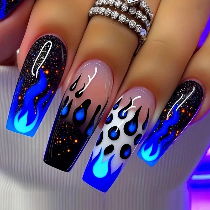 TEMU 24pcs Long Square Press-on Nails, Blue Flame Pattern Wearing Nail Design, Bright Detachable Fake Nails