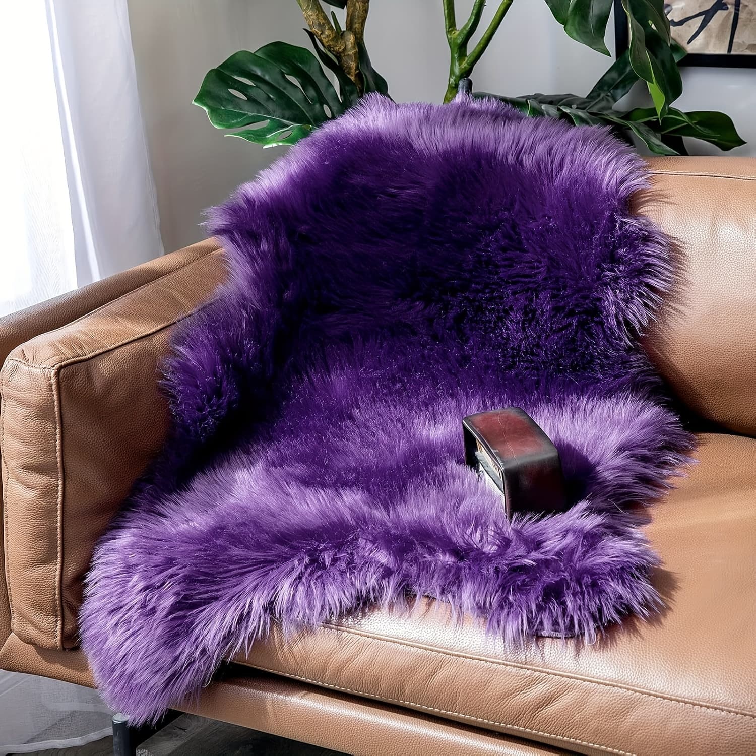 TEMU Luxurious Fur Area Rug - Soft & Fluffy Sheepskin-style Mat For Bedroom And Office Decor, Machine Washable, Purple, Irregular Shape 24x36 Inches