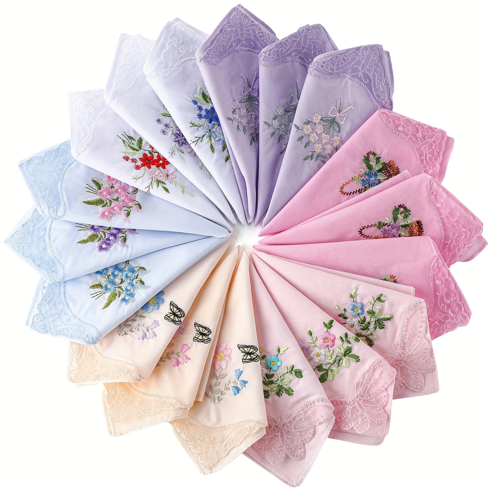 TEMU 18pcs Ladies Handkerchiefs Flower Embroidered With Lace Colored Embroidered Handkerchiefs For Women