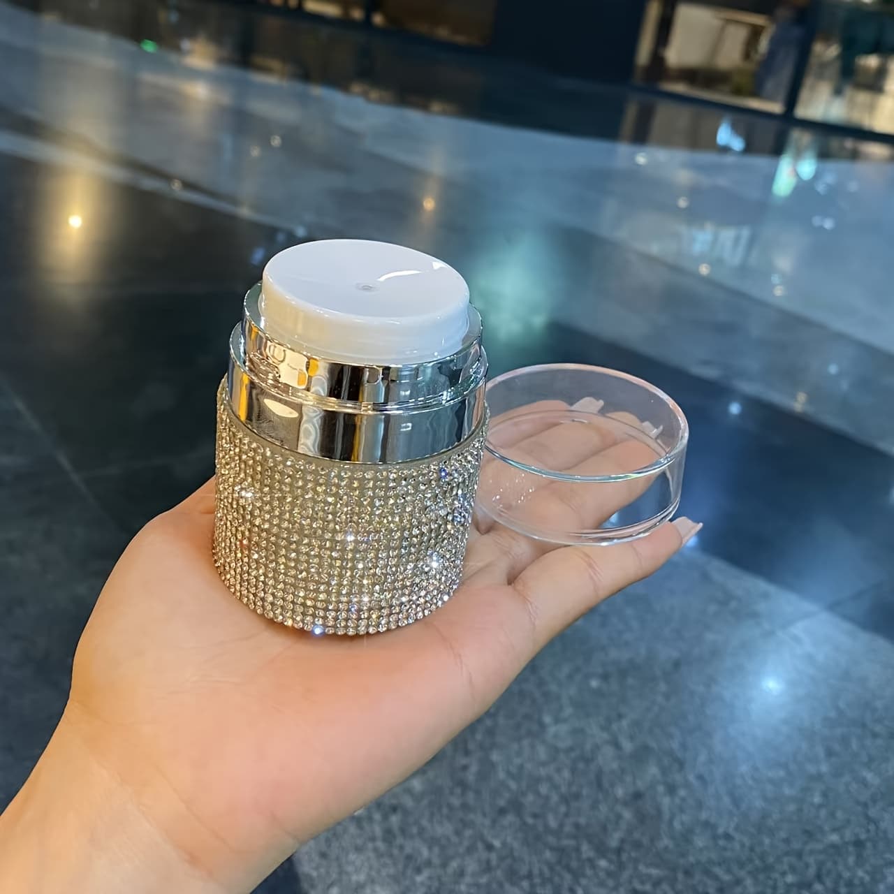 TEMU 1pc Diamond-studded High-end Gift Shiny Luxury Handmade Diamond-studded Press-type Vacuum Cream Bottle 30ml Cream Dispensing Bottle Acrylic Lotion Bottle