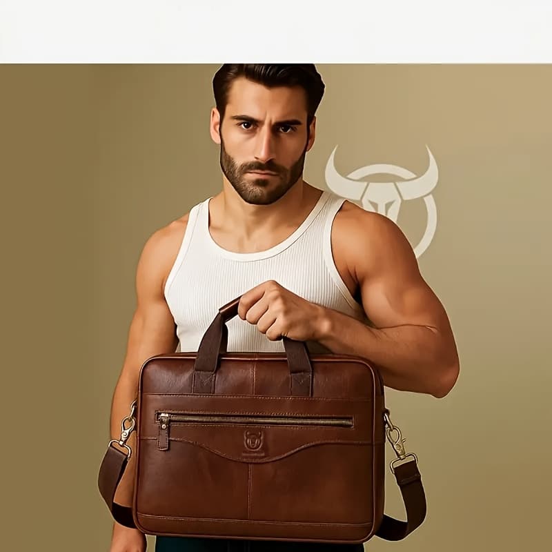 TEMU High-end Genuine Leather Men's Multi-functional Briefcase, Work Commuting Handbag, Top-grain Cowhide Men's Professional Business Bag