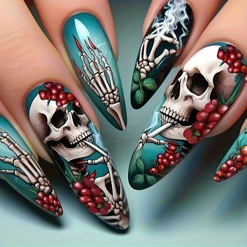 TEMU 96pcs Almond-shaped Gothic & Bone Press-on Nails Suitable For Women - Removable Hand Bone Nail Pieces With Glossy, Mid-length Nail Art For Halloween Costumes & Nail Decorations