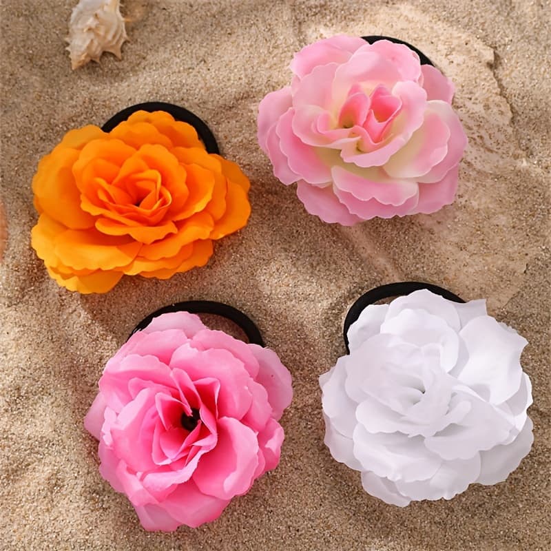 TEMU 4pcs Set Vacation Rose Flower Hair Ties, Floral Ponytail Accessories For Beach Photoshoots