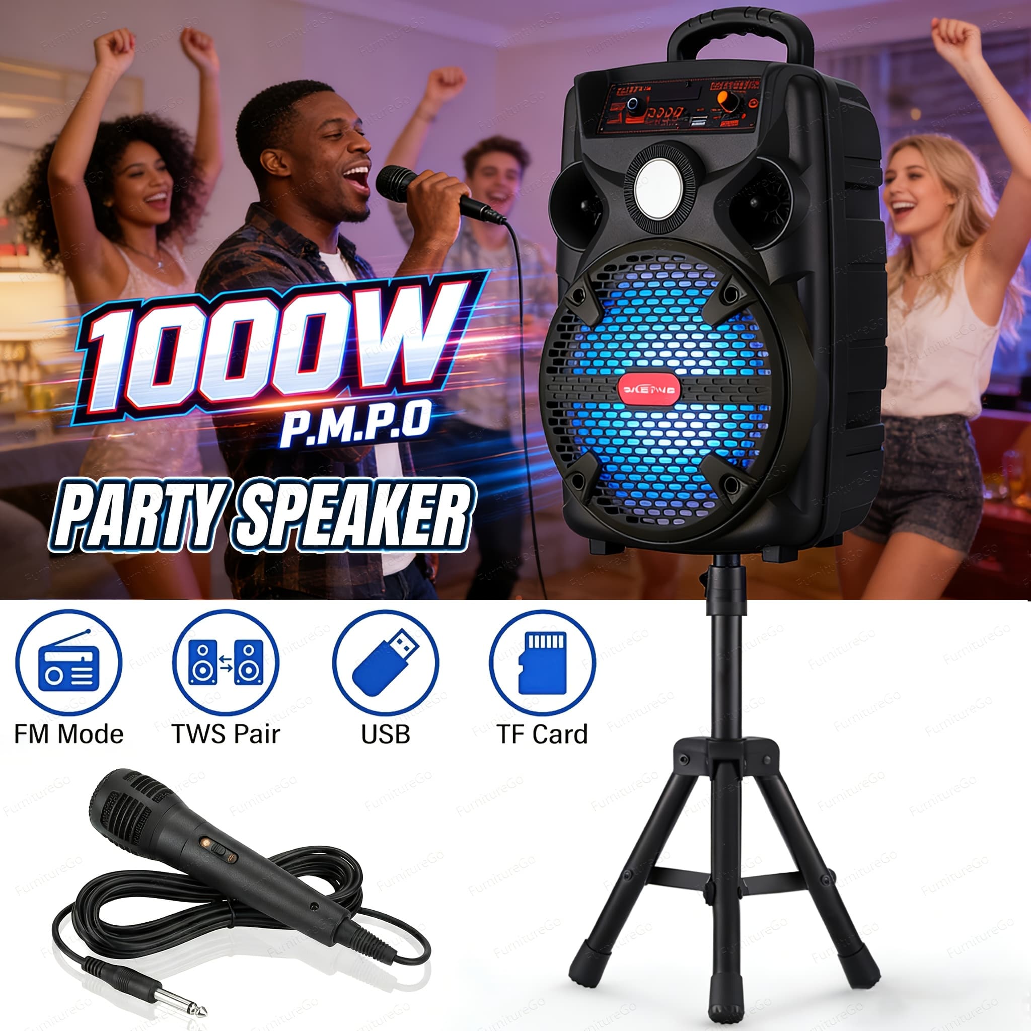 TEMU A 1000w Portable Wireless Featuring An 8-inch Woofer, With A Wired Microphone, Deep , And Supporting Usb, Sd, Fm, And Aux , With An 8-hour Playtime Suitable For Djing, Karaoke, And Home