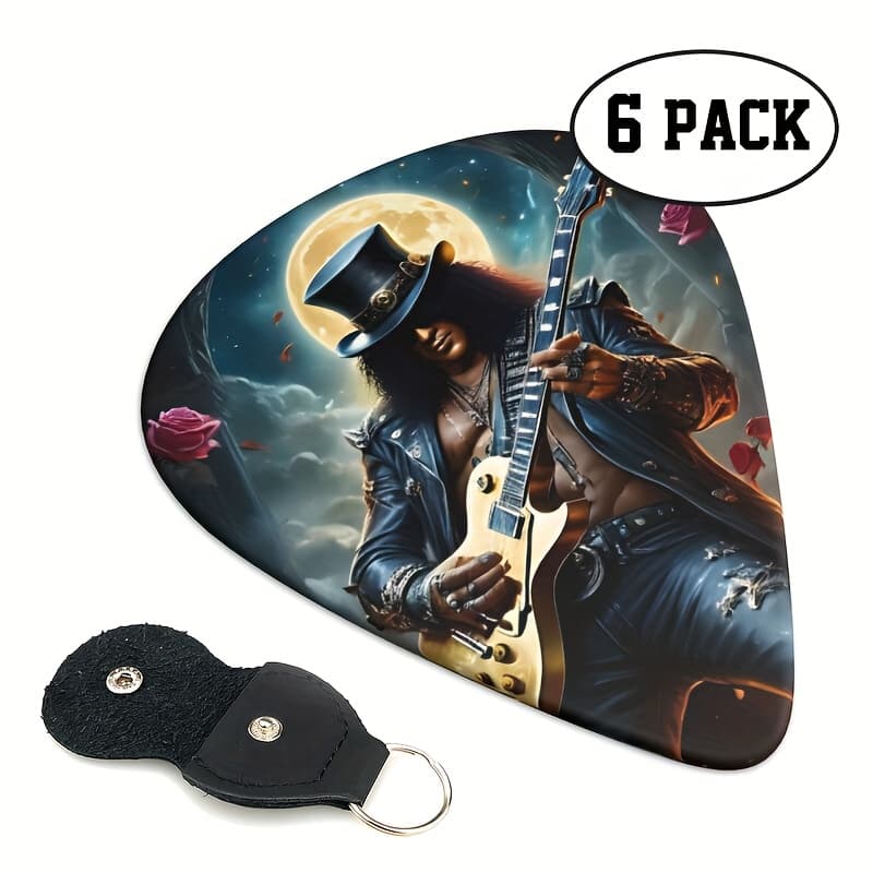 TEMU A Set Of 6, Double-sided Printed Guitar Picks Made Of Abs Material Featuring A Rock Guitar Pattern, Suitable For Ukulele And Guitar. Come With A Vibrant And Storage Pouch