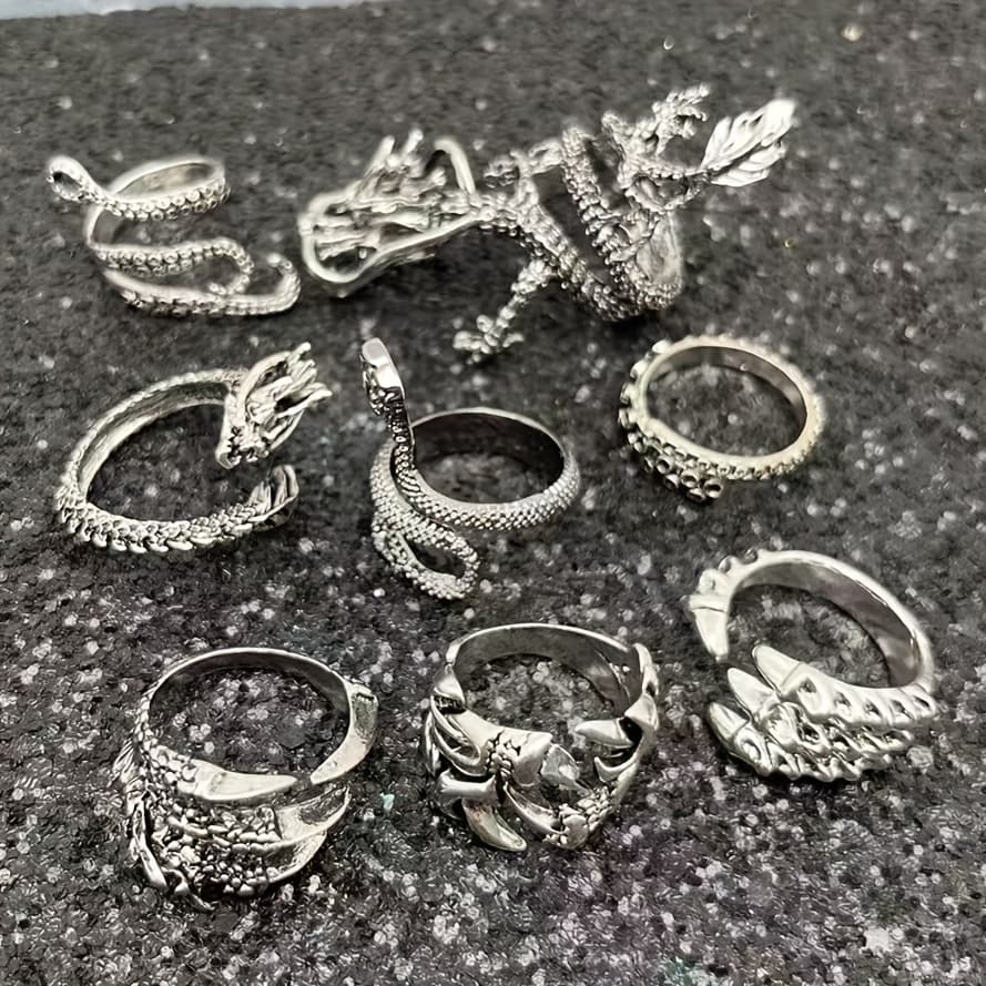 TEMU 8pcs/set Retro Dragon Snake Animal Skull Open Size Ring Accessory
