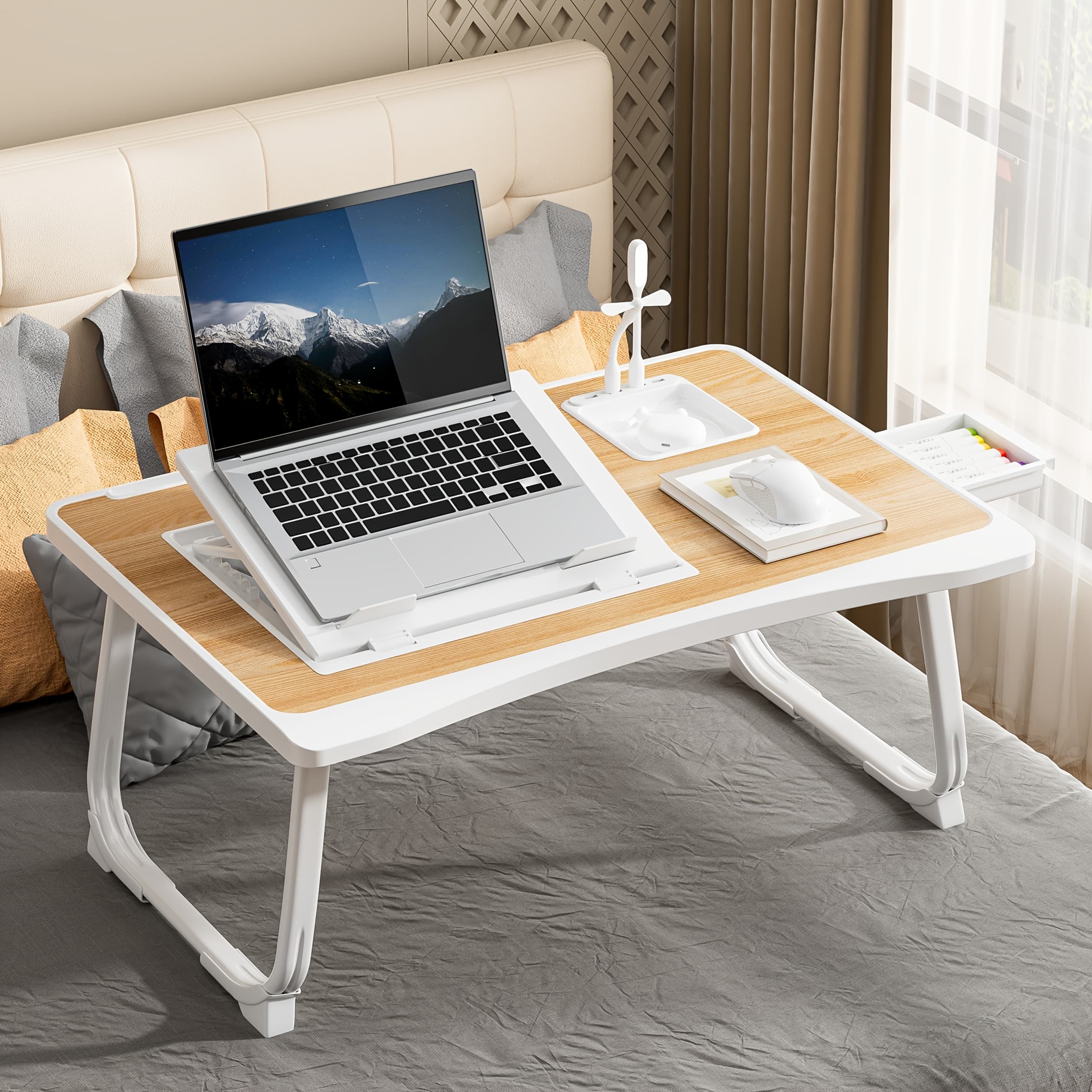 TEMU Portable Laptop Bed Table With Cup Holder, Multifunctional Tray Holder With Tablet Card Slot - Perfect For Eating, Reading, Writing On The Bed, Sofa, Or Floor - Stable, Durable, And Foldable