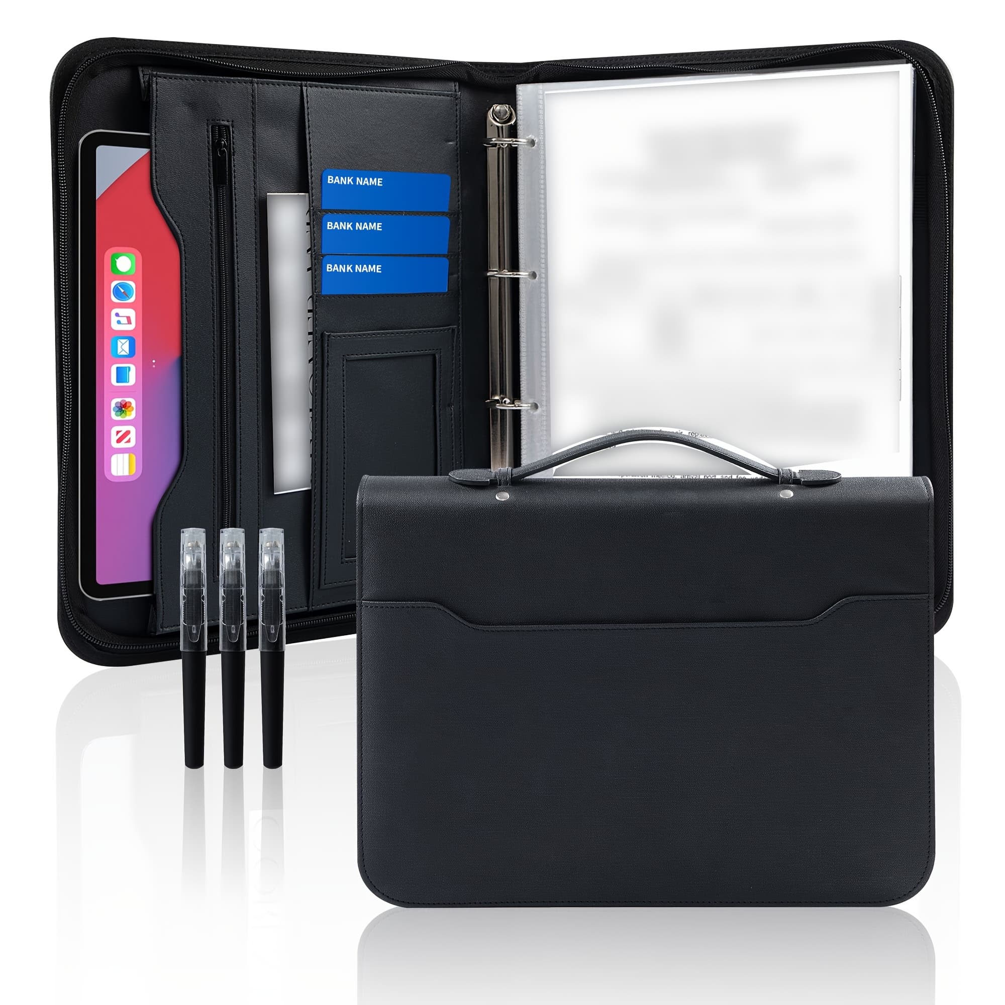 TEMU A Portable Zippered Binder Designed For Business Use, Featuring A Four- And A Versatile Layout With Various Storage Sections, Comes With 3 Pens And Sleeves