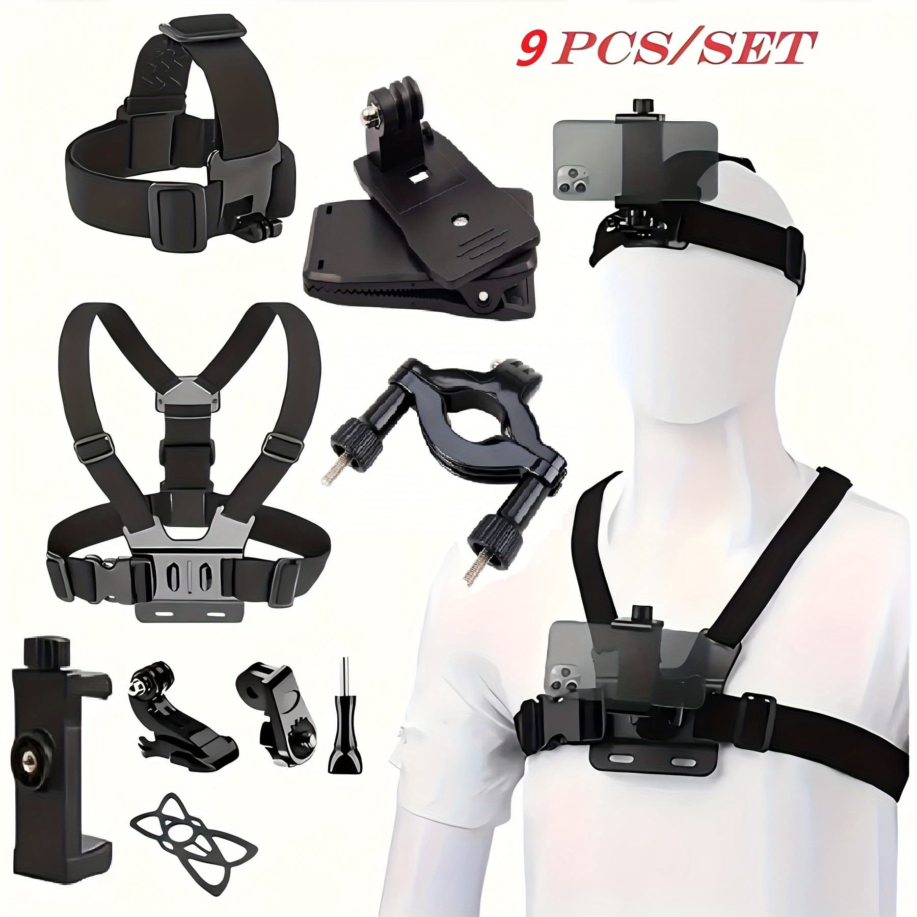 TEMU 9-in-1 Action Mobile Phone Head Strap Chest Strap Mount Adjustable For 12 Dji And Phone Stability