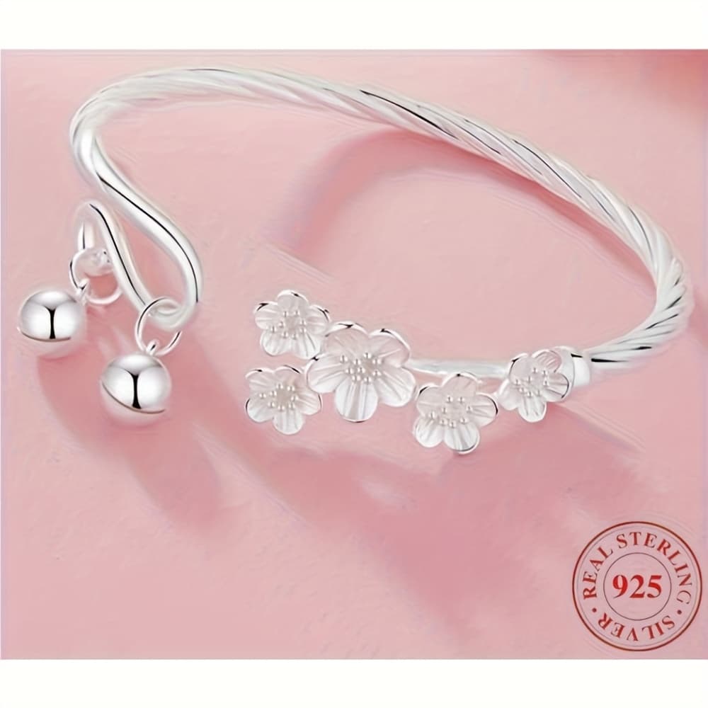 TEMU Elegant Retro 925 Sterling Silver Plum Pendant Cuff Bracelet, Adjustable Bracelet For Daily Wear, For Gift