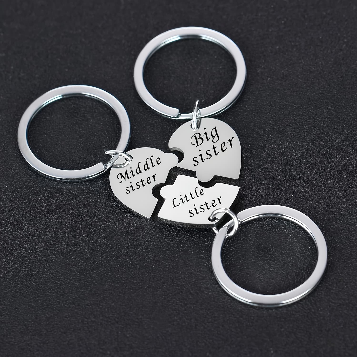 TEMU 3pcs Stainless Steel Sister Keychain Set - Cute Matching Heart Puzzle Design, Mid Sis Engraved Key Rings, Charms & Backpack Pendants, Sister Gift Item| Symbols|stainless Steel, Sister Gifts