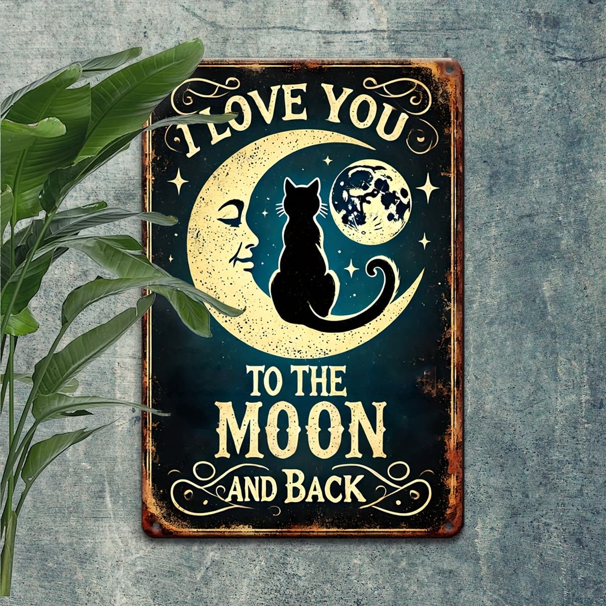 TEMU 'i Love You And Back' Retro Metal Sign - 8x12" Vintage Wall Decor With Cat And Moon Illustration, Perfect For Home, Bar, Cafe, For Man Cave - Easy-to-hang, No Electricity Required