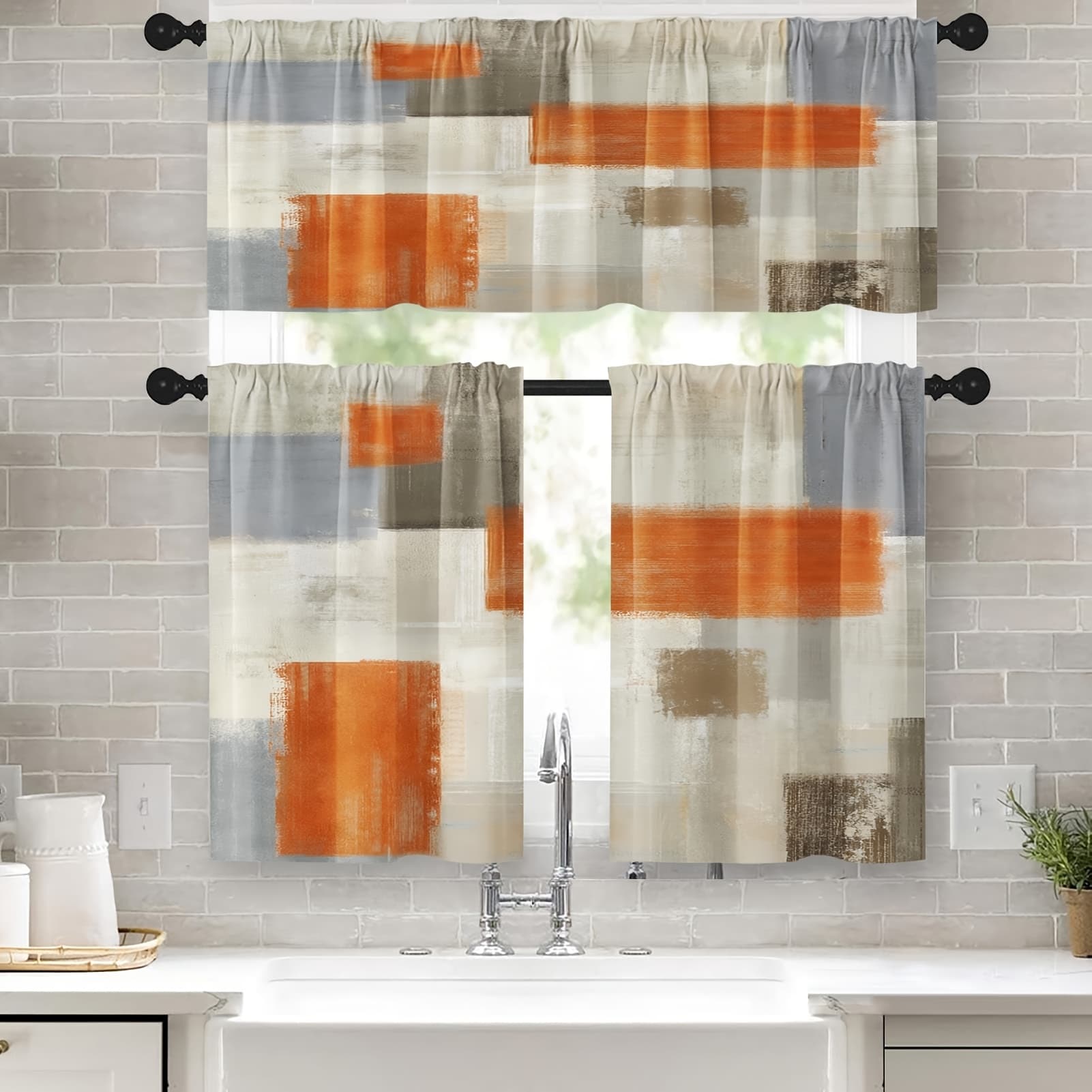 TEMU 3pcs 36 Inch Kitchen Curtains Beige And Orange Abstract Art Window Curtains And Valances Set Of 3, White Modern Art Background Short Tier Curtain, Vintage Small Kitchen Decor