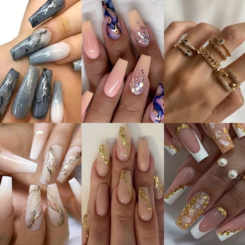 TEMU 120pcs Nude Press On Nails Coffin Long Fake Nails + 5pcs Rings Acrylic Gradient Sequins False Nails Marble Full Cover Stick On Nails For Women And