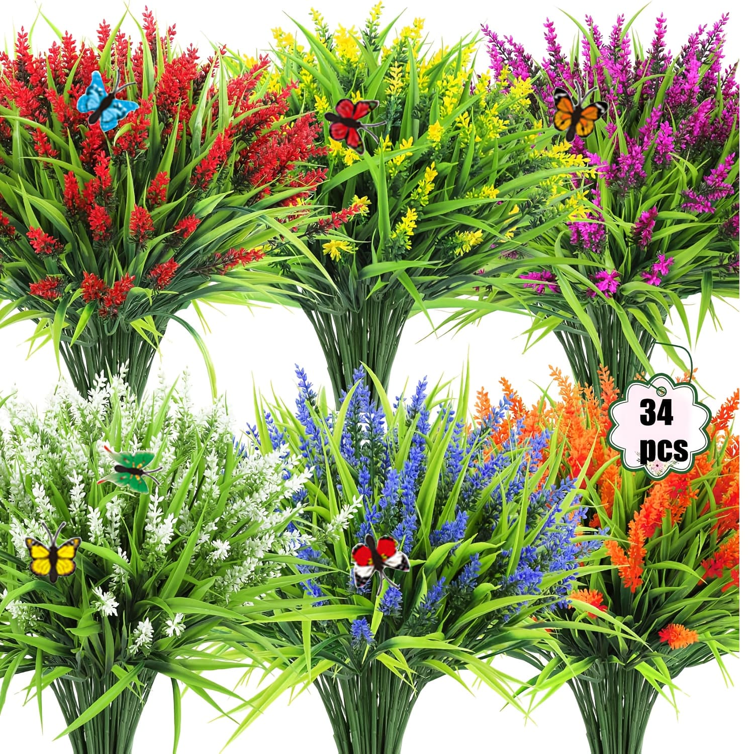 TEMU 34 Bundles Artificial Flowers For Outdoors, Fake Lavender Flowers Monkey Grass Faux Plastic Plants Shrubs Uv Resistant For Porch Garden Window Home Decorations, Mixed