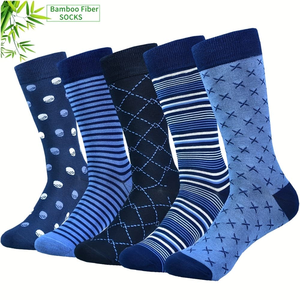 TEMU 5-pack Men's Dress Socks, Premium Bamboo Fiber Socks For Men, Patterned Men's Socks