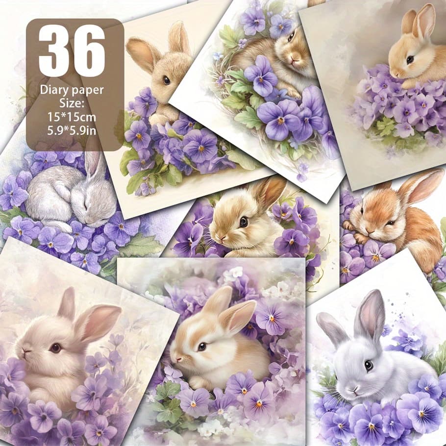 TEMU Violet Bunny Patterned Paper, Suitable For Background Mats, Decorations, Handmade Projects, Vintage Diaries, Memory Albums, Card Making, Junk Journals, And More. Size: 5.9 * 5.9 Inches, 36 Sheets