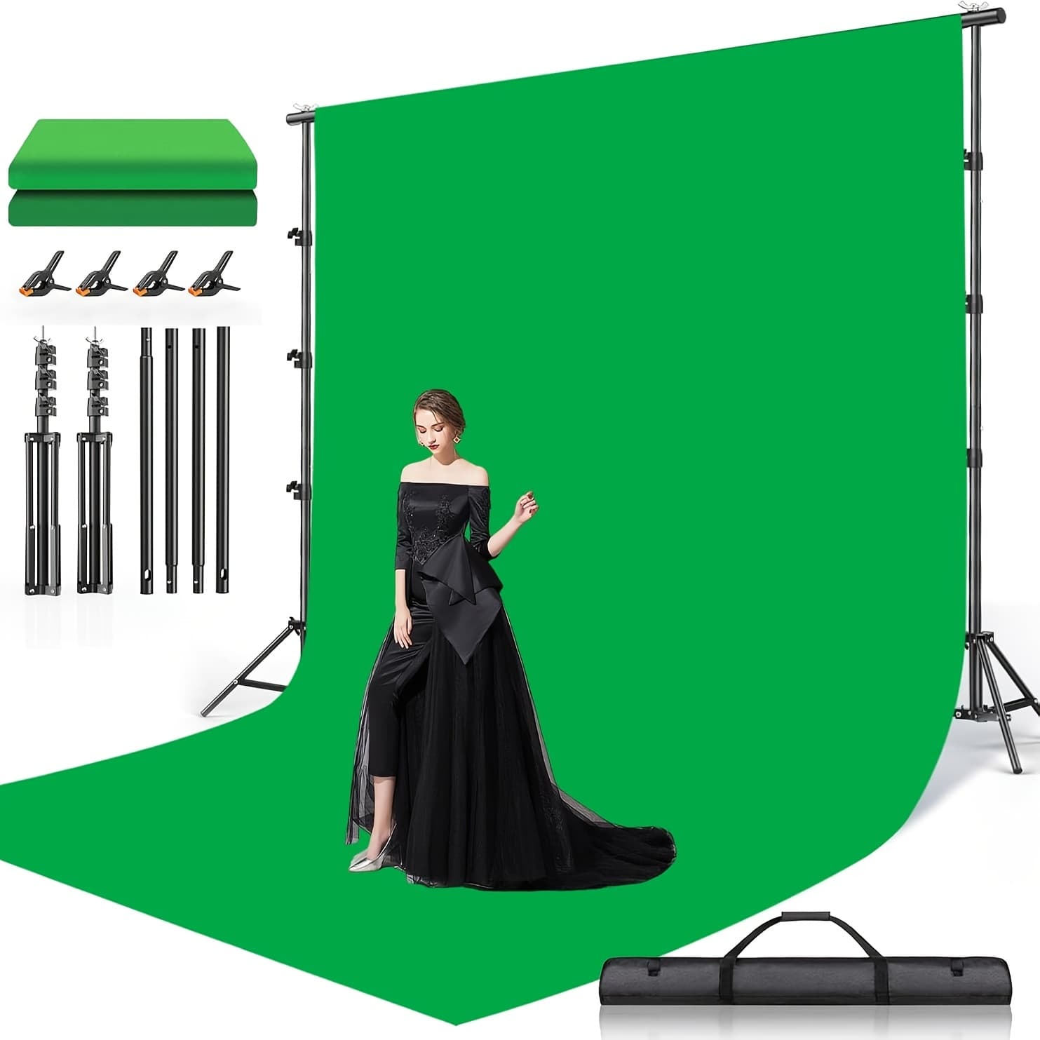 TEMU 10x10ft Backdrop Green Screen With Stand Kit, 7.5 X 10ft Portable Backdrop Stand Kit With Carrying Bag And 4 Clamps For Photoshoot Portraits Party Video Recording