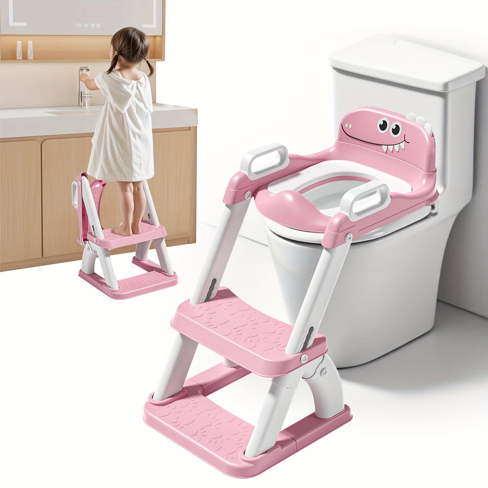 TEMU 2-in-1 Potty Training Toilet Seat With Detachable Triangular , Protection, Non-slip Mat Stool - Dinosaur Pattern Color Options, Durable Pvc Material For Toddlers, Potty Training Seat
