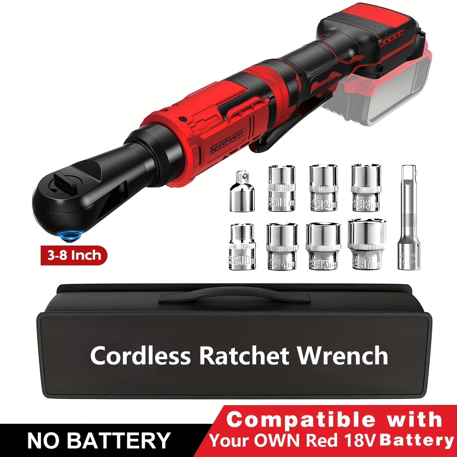 TEMU 88 Ft-lb Cordless Ratchet Wrench Kit, Compatible With Red 18v Battery, Battery Powered Ratchet, 0-400 Rpm, 8 Sockets, Variable Speed, Led Light (battery Not Included)