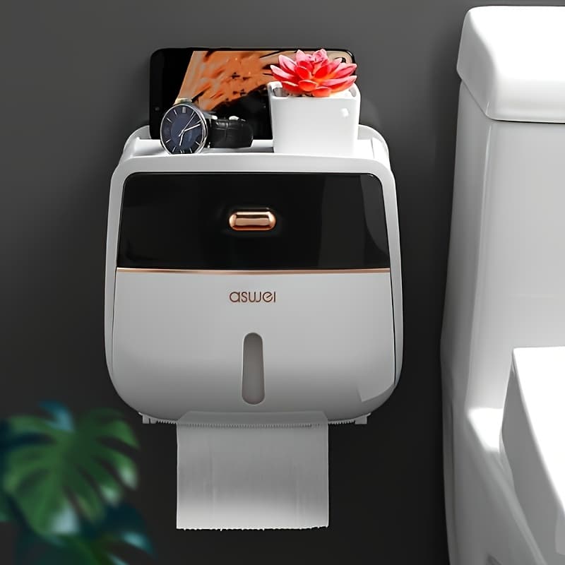 TEMU Wall-mounted Double Layer Tissue Holder-with Storage Rack, Self-adhesive Plastic Holder, No-drill Installation, Polished Plastic Finish, Bathroom Organizers And Storage, Living Room & Bedroom