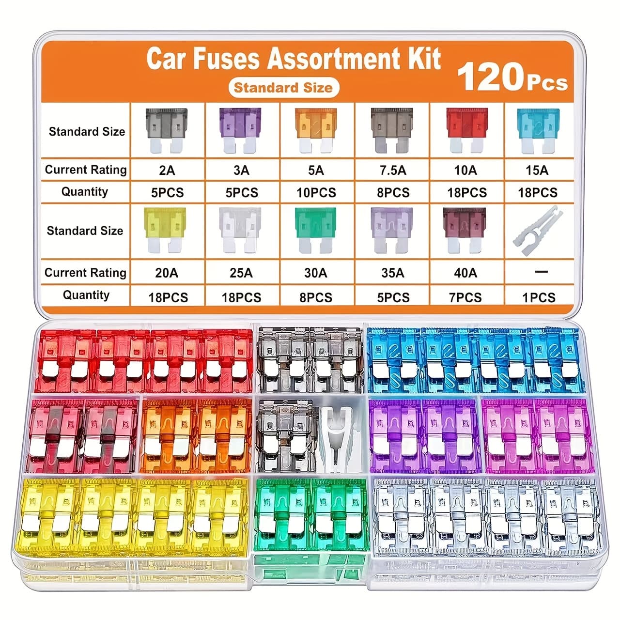 TEMU 120pcs Automotive Fuse Kit, Atc Standard Blade Fuses For Rv/truck/motorcycle/cars - Mixed Assortment Of 2amp, 3a, 5a, 7.5a, 10a, 15a, 20a, 25a, 30a, 35a, And 40a + Automatic Puller